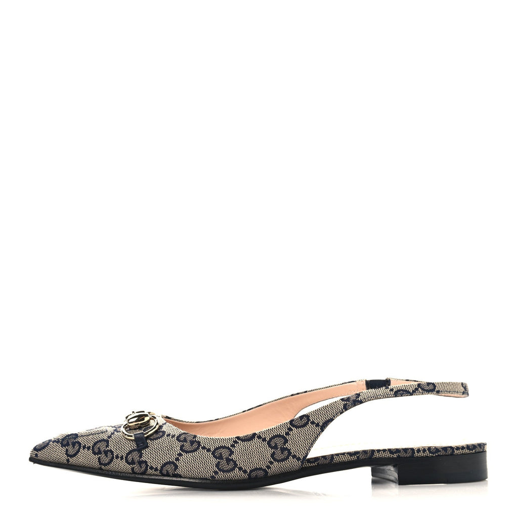 Gucci Monogram Horsebit Womens Slingback Ballet Flat 37.5 Beige Blue