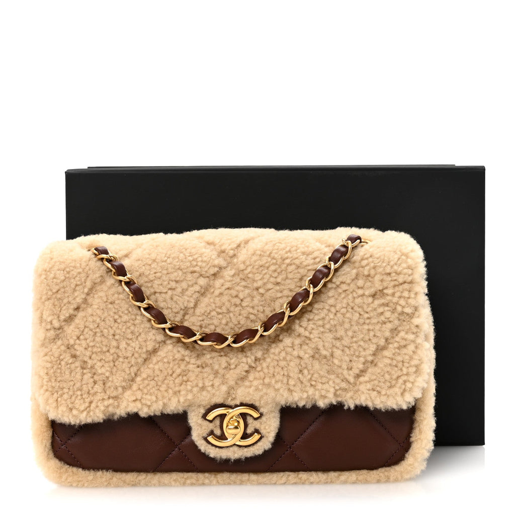 Chanel Shearling Lambskin Quilted Furry Coco Flap Dark Brown Beige