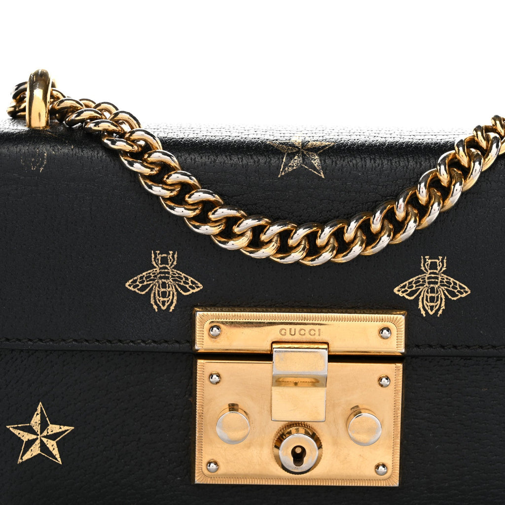 Gucci Grained Calfskin Bee Star Small Padlock Shoulder Bag Black