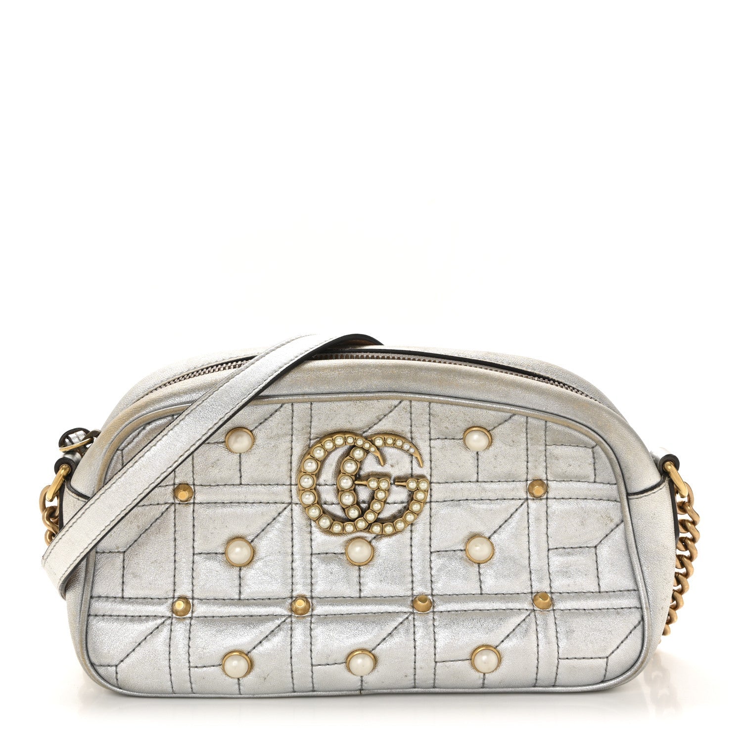 Gucci Metallic Calfskin Matelasse Studded Small Pearly GG Marmont Chain Shoulder Bag Silver