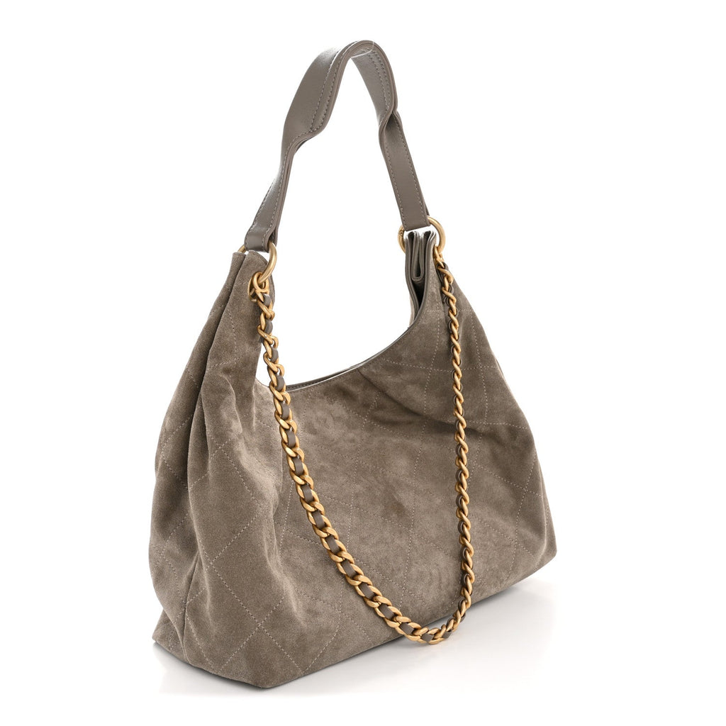 Chanel Suede Calfskin Lambskin Quilted Maxi Hobo Grey