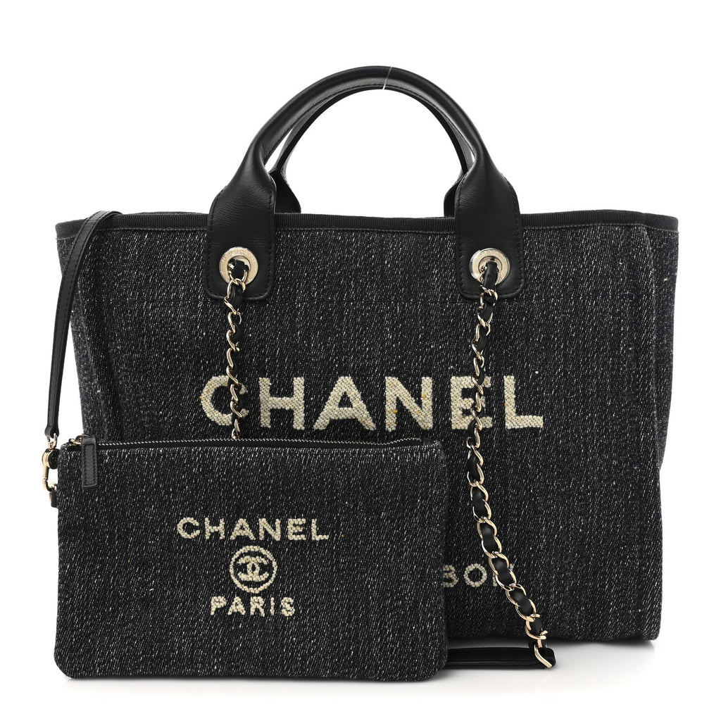 Chanel Denim Small Deauville Tote Dark Blue White