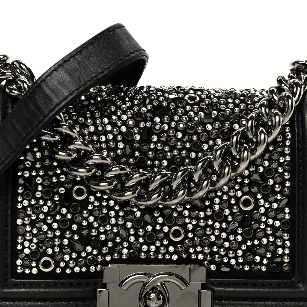 Chanel Calfskin Strass Crystal Small Boy Flap Black