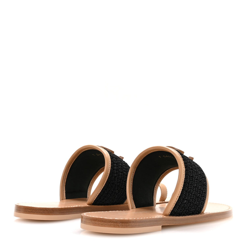 Raffia Lambskin CC Mules 37 Black Beige