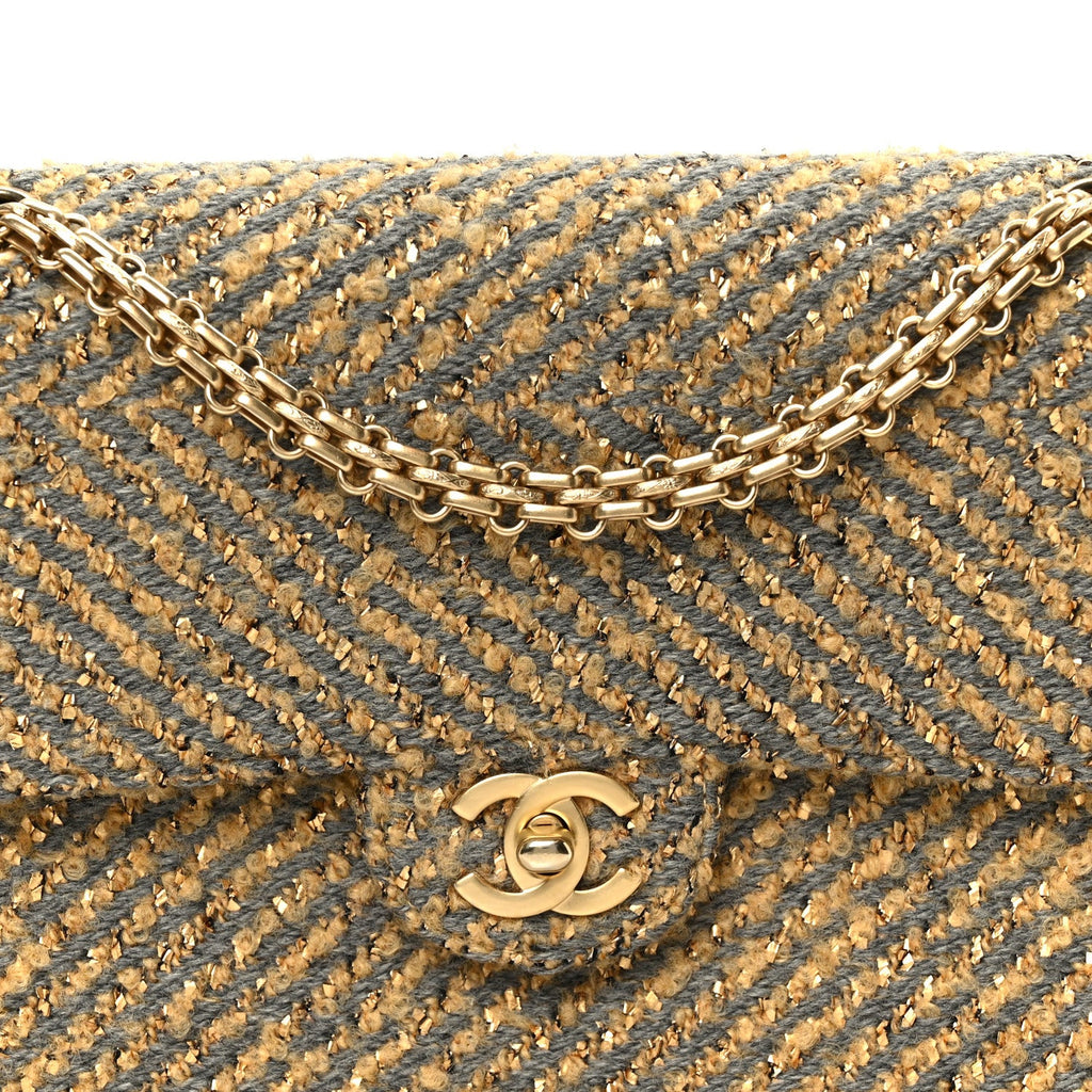 Chanel Metallic Tweed Quilted Medium Single Flap Beige Grey Gold