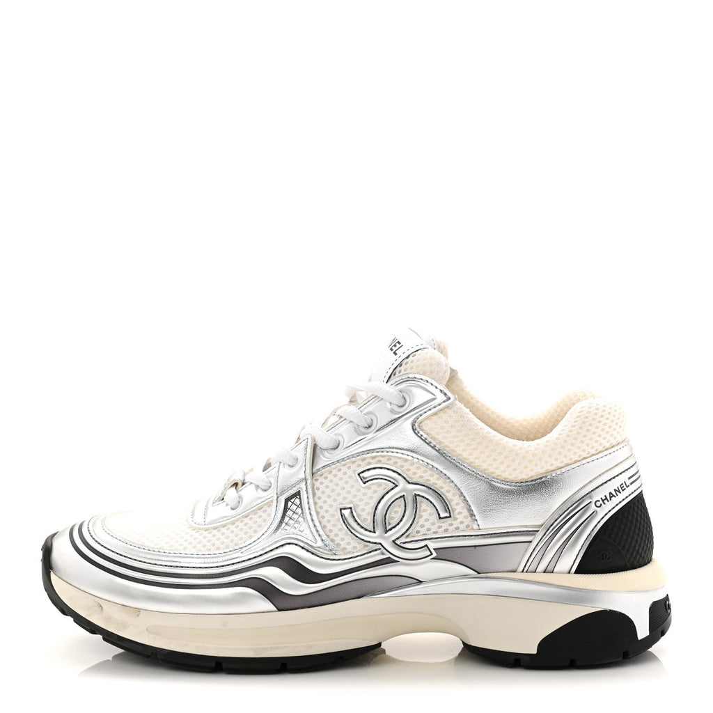 Fabric Laminated Calfskin Stretch CC Womens Sneakers 40 White Silver