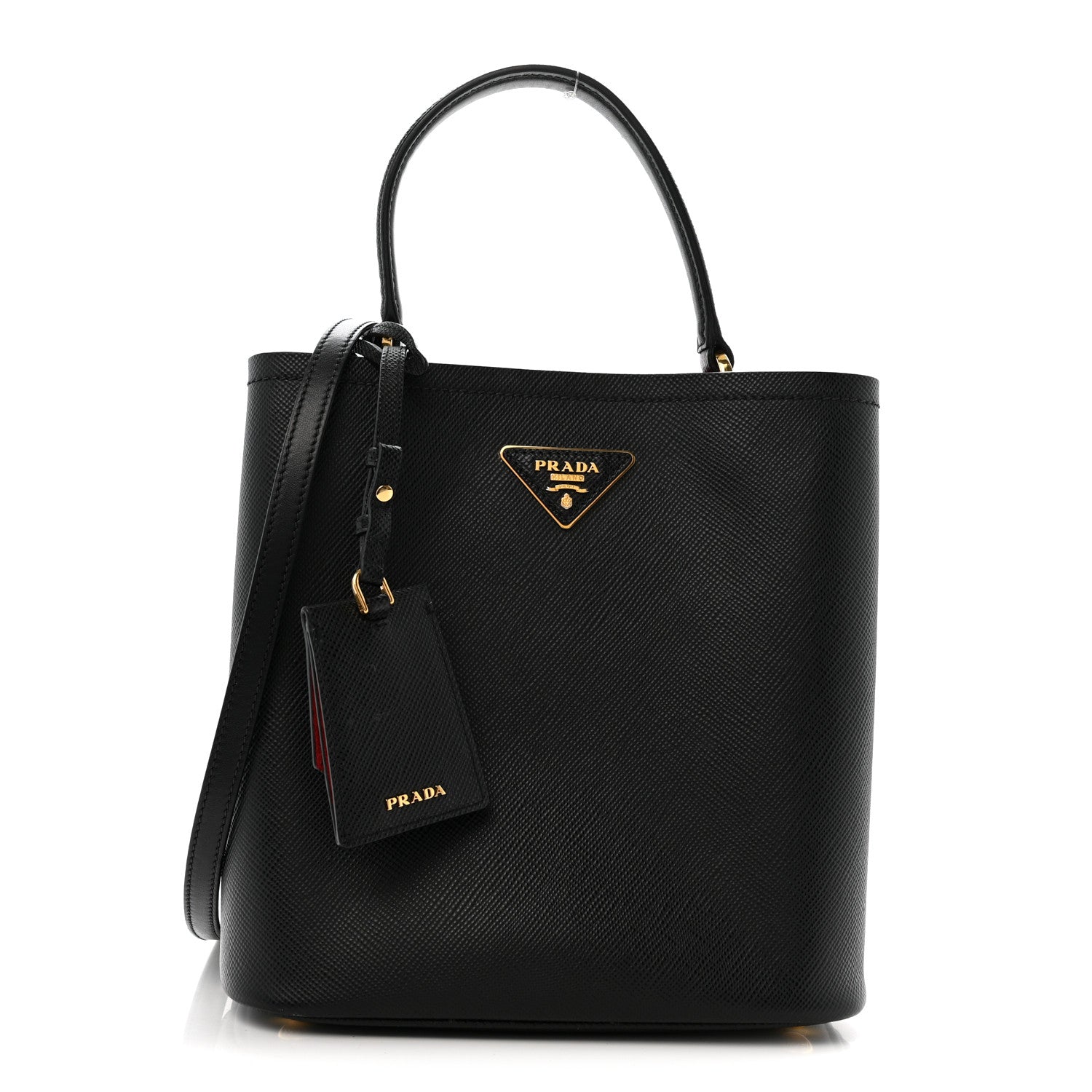 Prada Saffiano Cuir Medium Panier Bucket Bag Black Fuoco