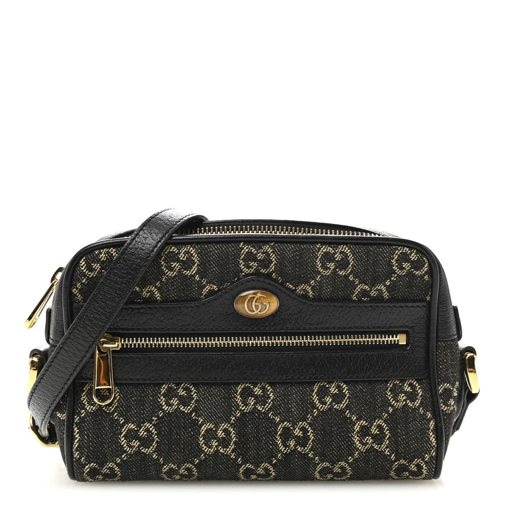 Gucci Jacquard Black Denim GG Monogram Textured Dollar Calfskin Mini Ophidia Shoulder Bag Black Ivory