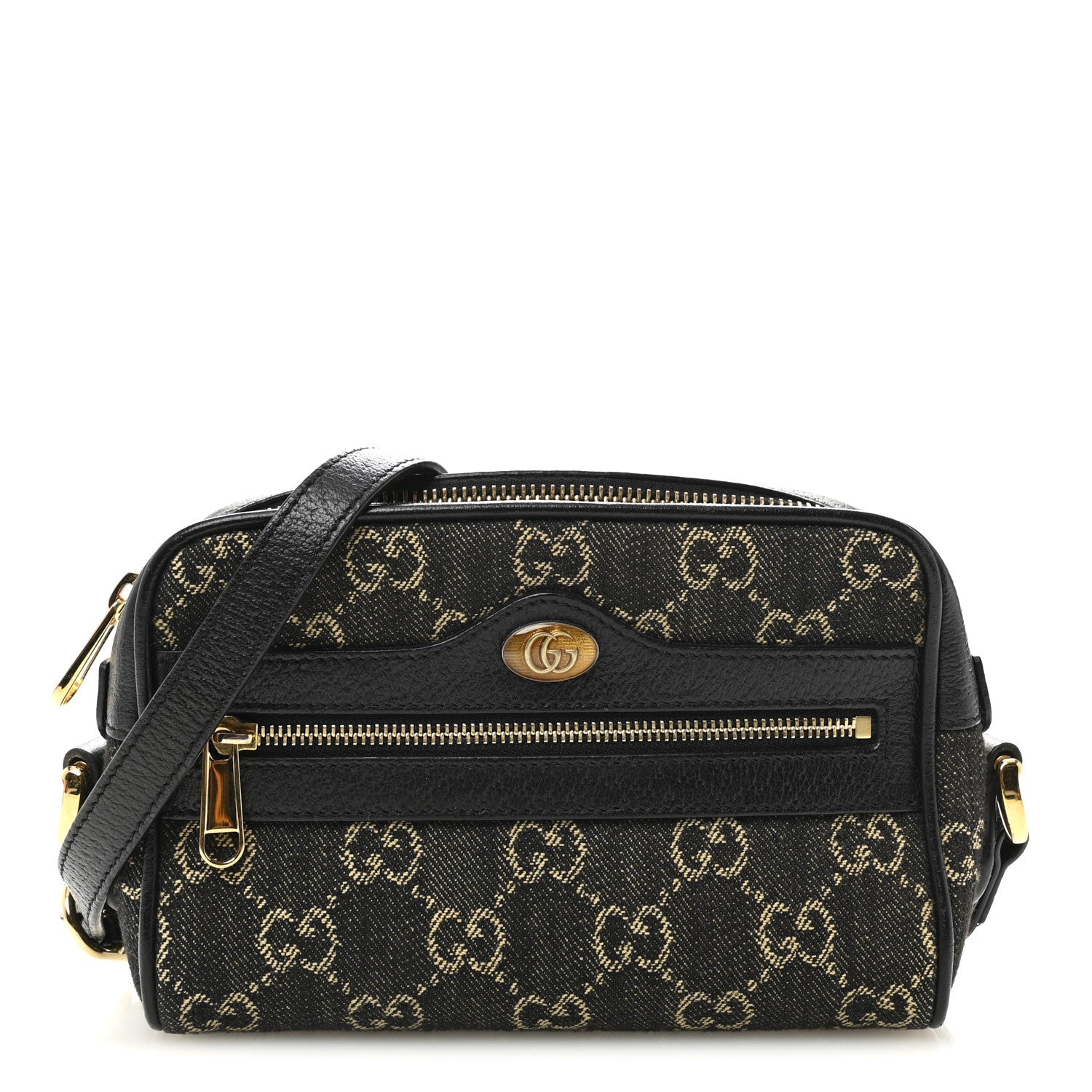 Gucci Jacquard Black Denim GG Monogram Textured Dollar Calfskin Mini Ophidia Shoulder Bag Black Ivory