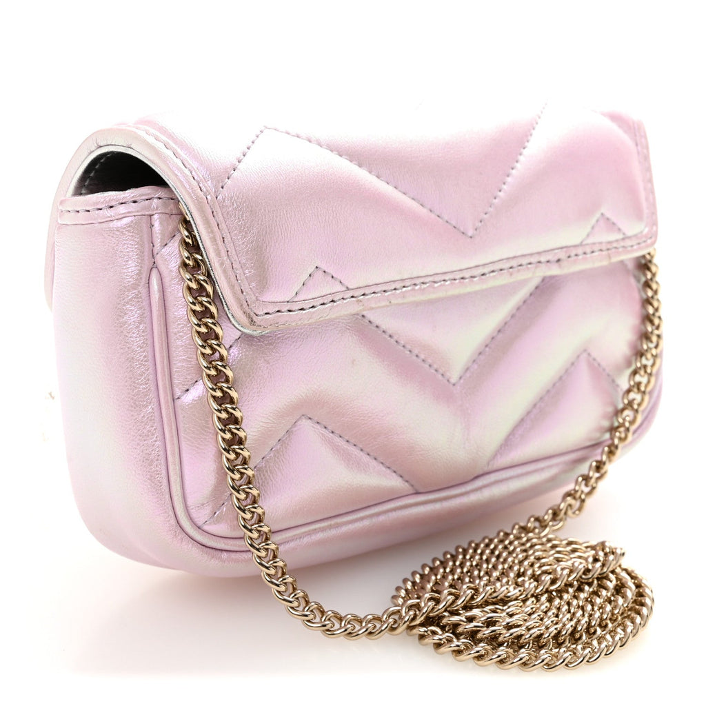 Gucci Iridescent Nappa Chevron Matelasse Super Mini GG Marmont Shoulder Bag Iridescent Escape Pink