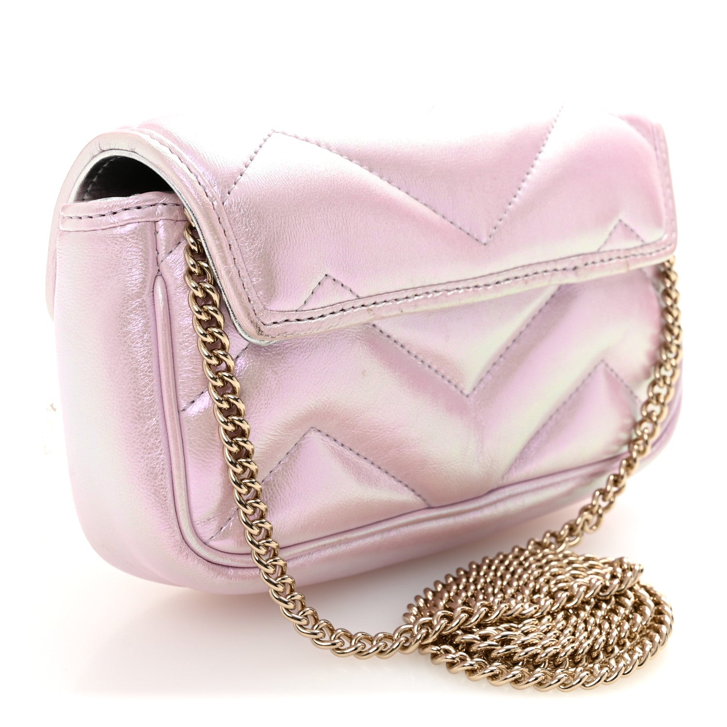 Gucci Iridescent Nappa Chevron Matelasse Super Mini GG Marmont Shoulder Bag Iridescent Escape Pink