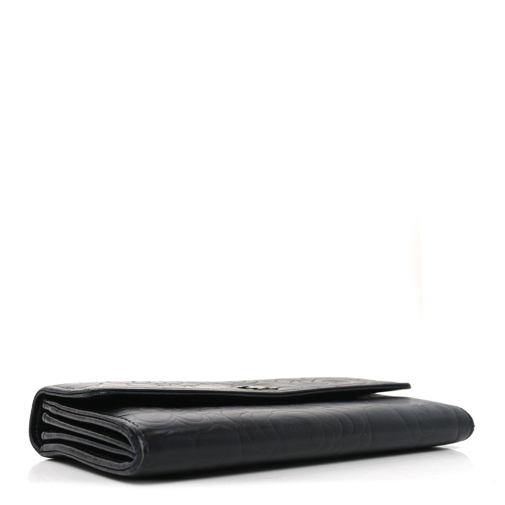 Chanel Lambskin Embossed Camellia Large Gusset Flap Wallet Black