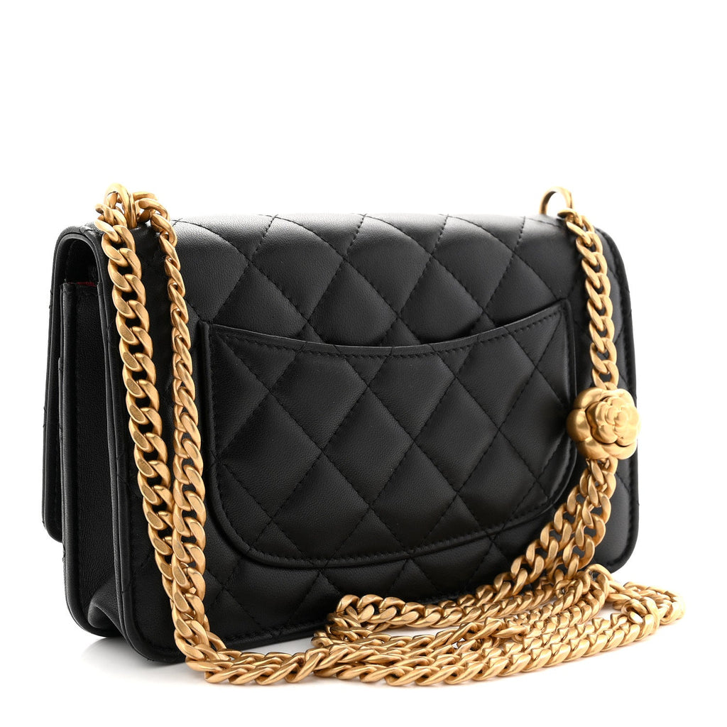 Chanel Lambskin Quilted Sweet Camellia Wallet On Chain WOC Black