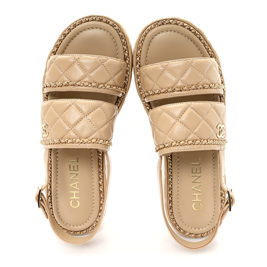 Chanel Shiny Lambskin Quilted Chain Around CC Platform Sandals 39.5 Beige