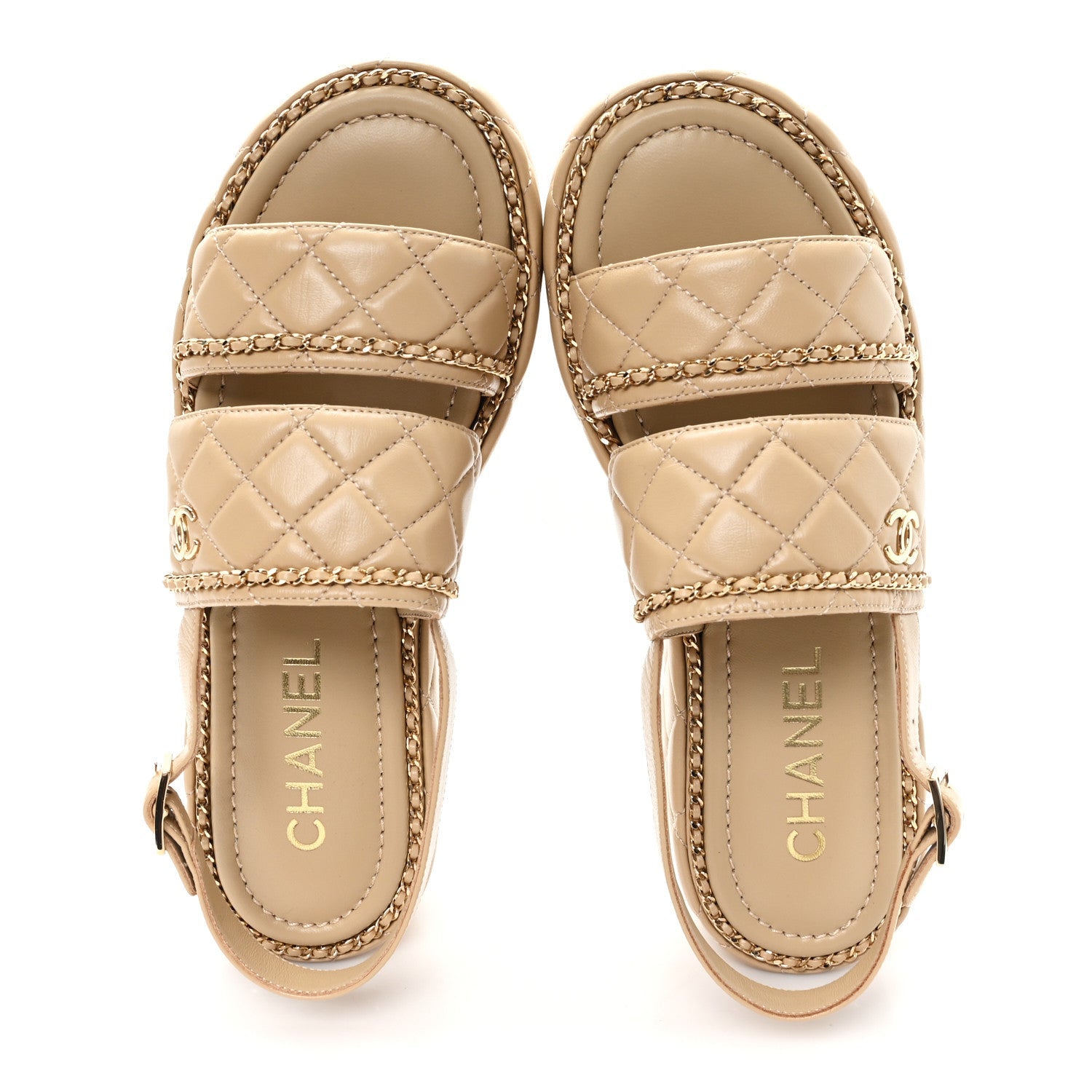 Chanel Shiny Lambskin Quilted Chain Around CC Platform Sandals 39.5 Beige