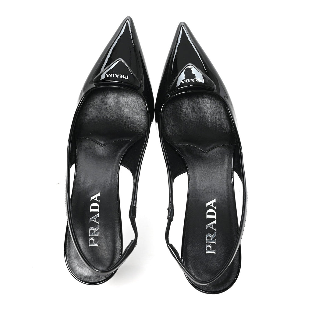 Prada Vernice Logo Pointed Toe Slingback Pumps 40 Black
