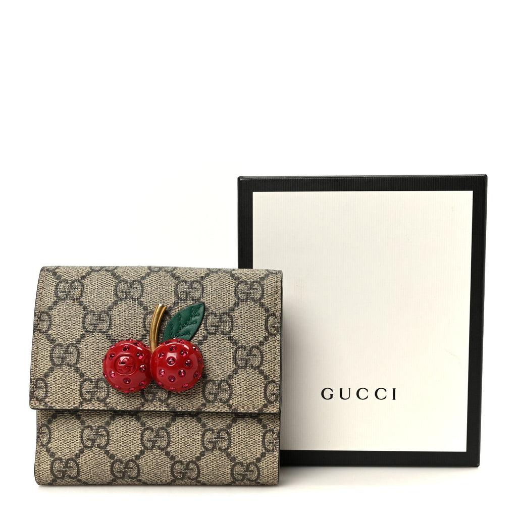Gucci GG Supreme Monogram Cherry Embellished Card Case Wallet Hibiscus Red