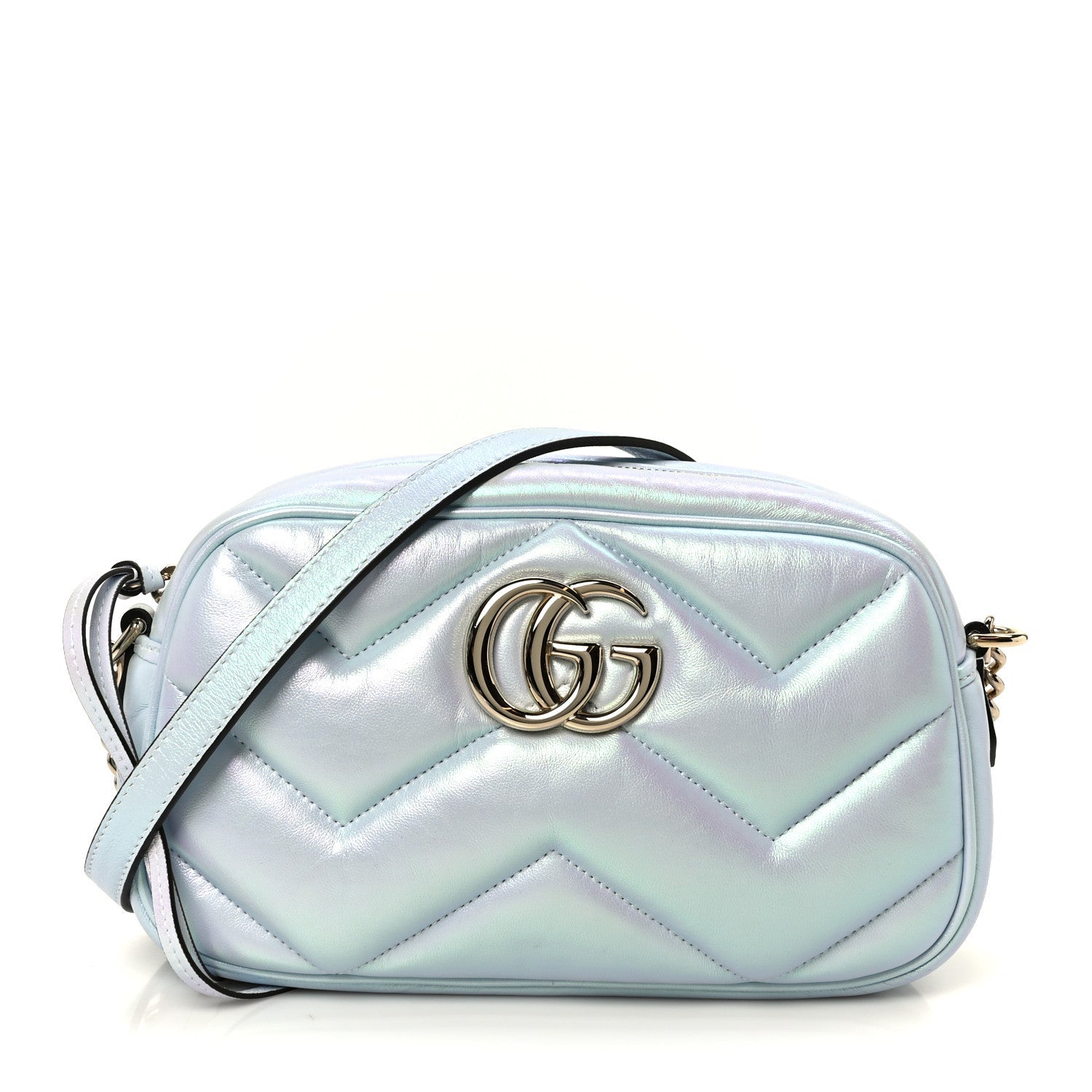 Gucci Iridescent Nappa Chevron Matelasse Small GG Marmont Chain Shoulder Bag Iridescent Salvy Green