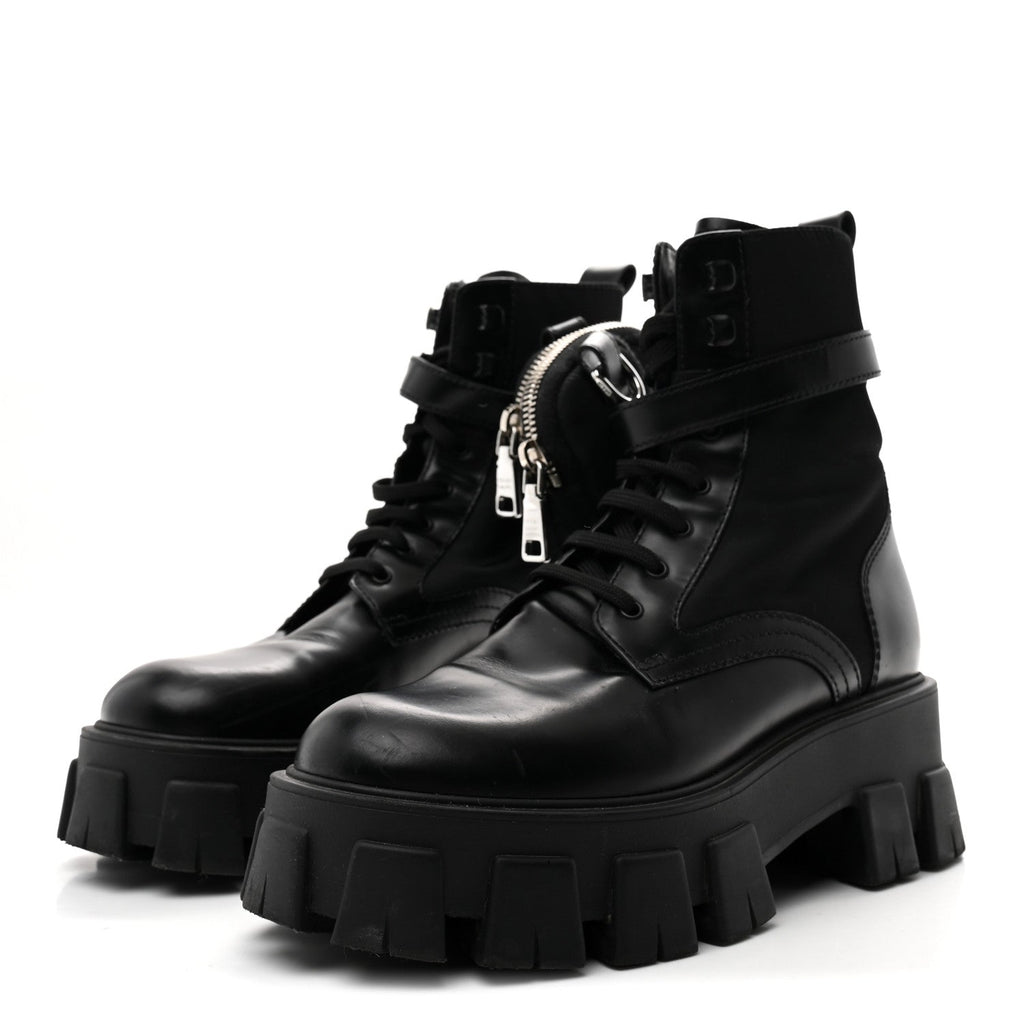 Prada Spazzolato Rois Nylon Metal Triangle Logo Monolith Pouch Pocket 55mm Boots 38 Black