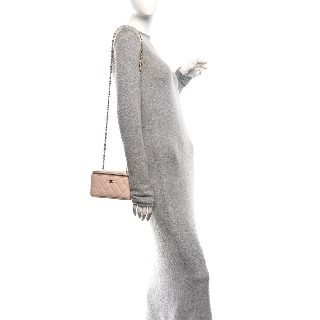 Chanel Caviar Quilted Small Vanity Case With Chain Light Beige