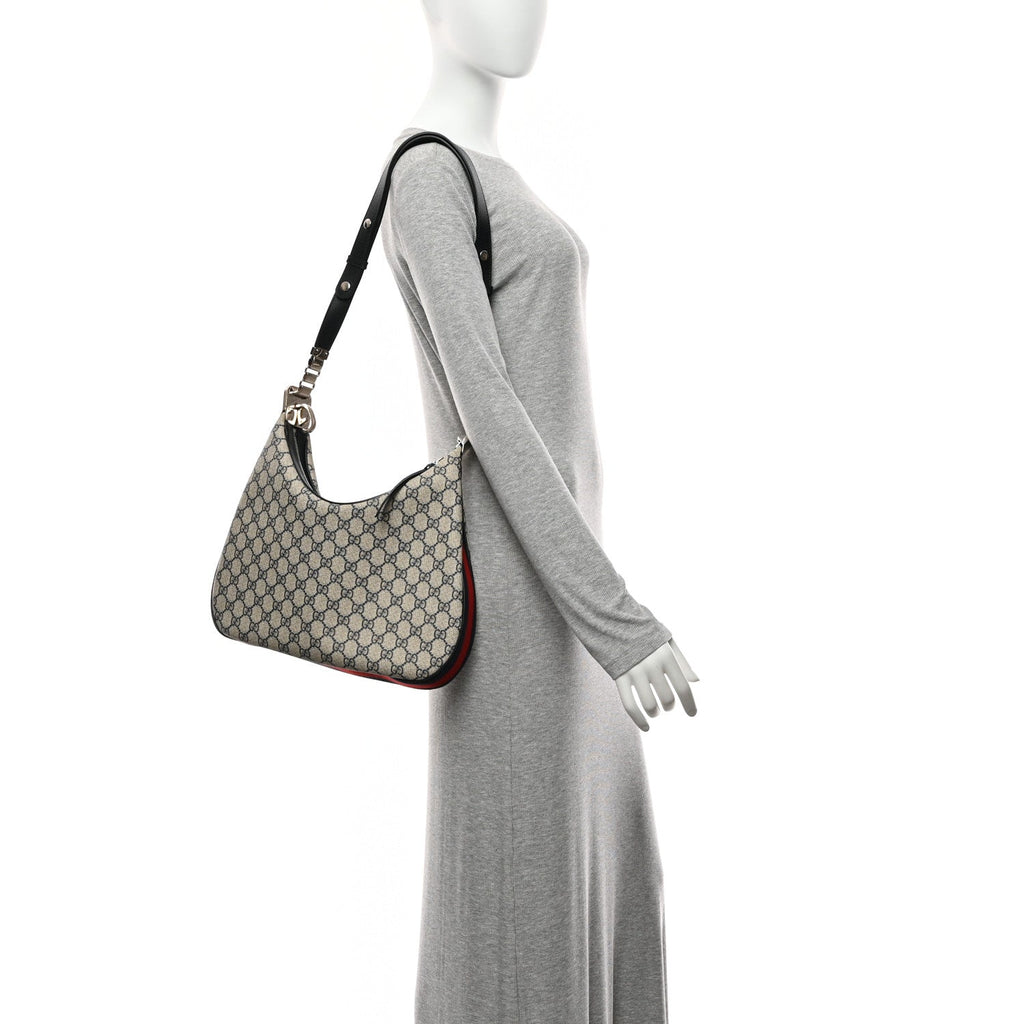 Gucci GG Supreme Monogram Textured Calfskin Web Small Attache Shoulder Bag Beige Blue