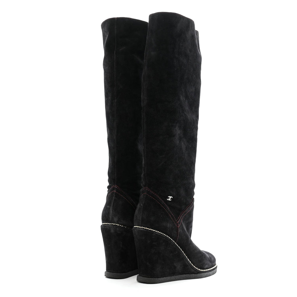 Chanel Suede Calfskin Chain Around High Boots 41 Black