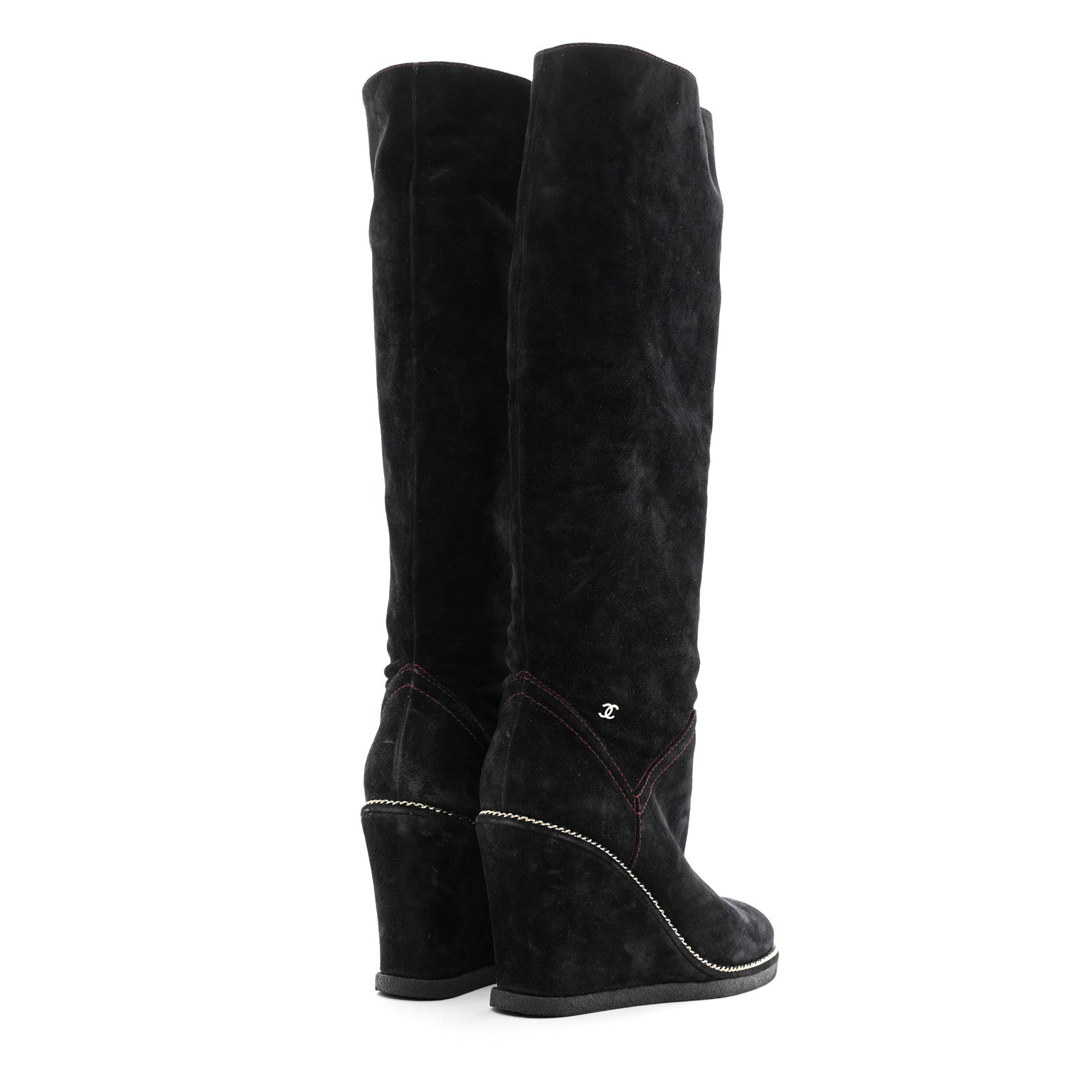 Chanel Suede Calfskin Chain Around High Boots 41 Black