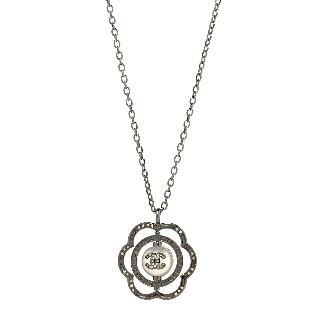 Metal Crystal Pearl CC Camellia Pendant Necklace Silver