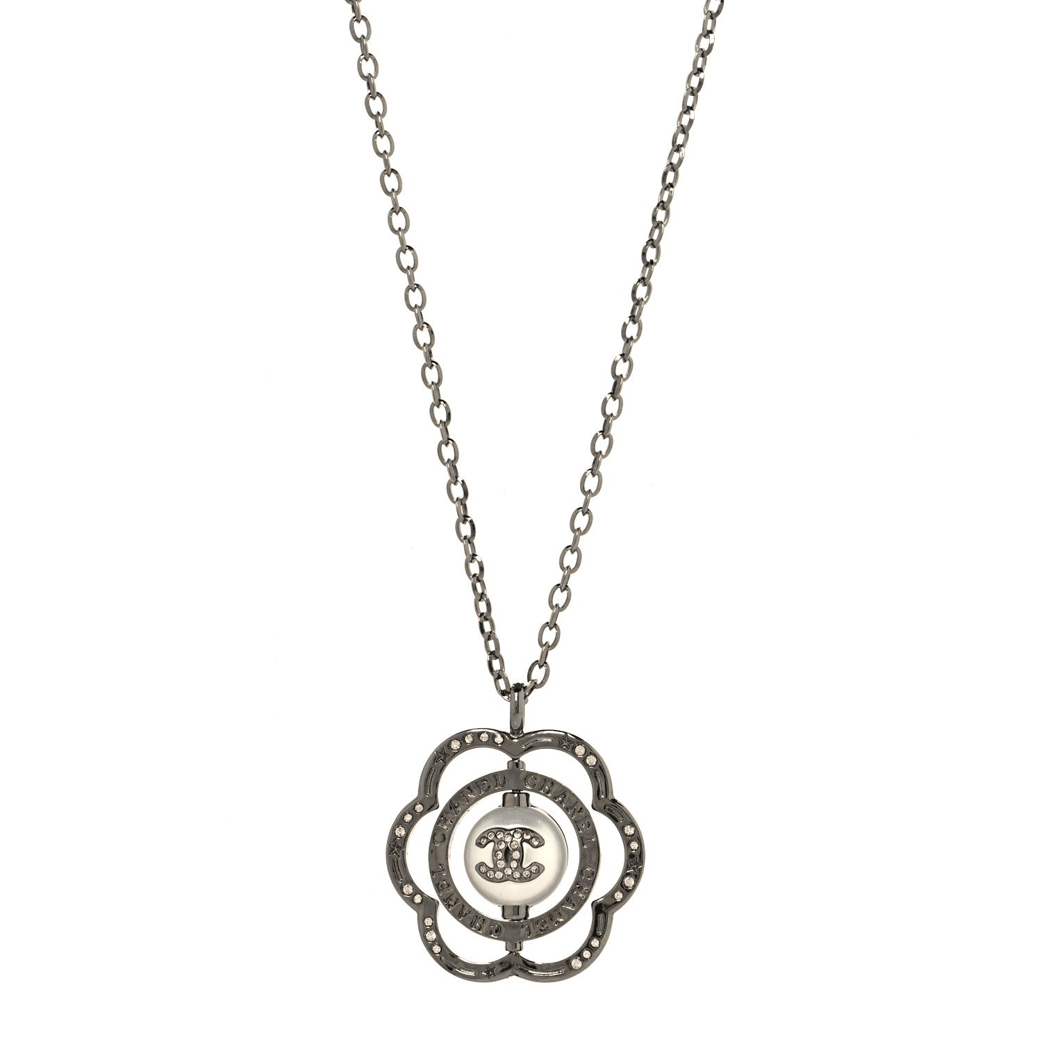 Metal Crystal Pearl CC Camellia Pendant Necklace Silver