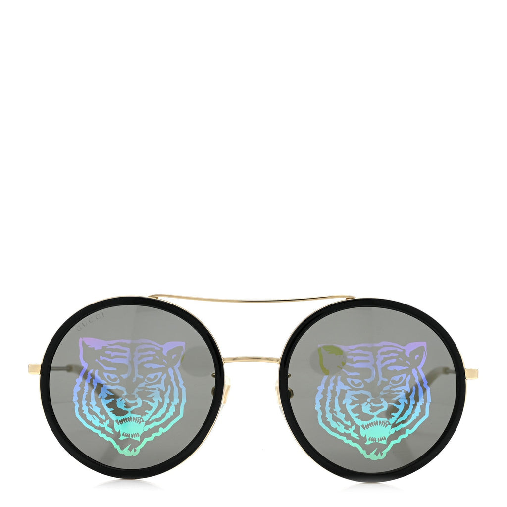 Gucci Metal Round Frame Tiger Print Sunglasses GG0061S Gold