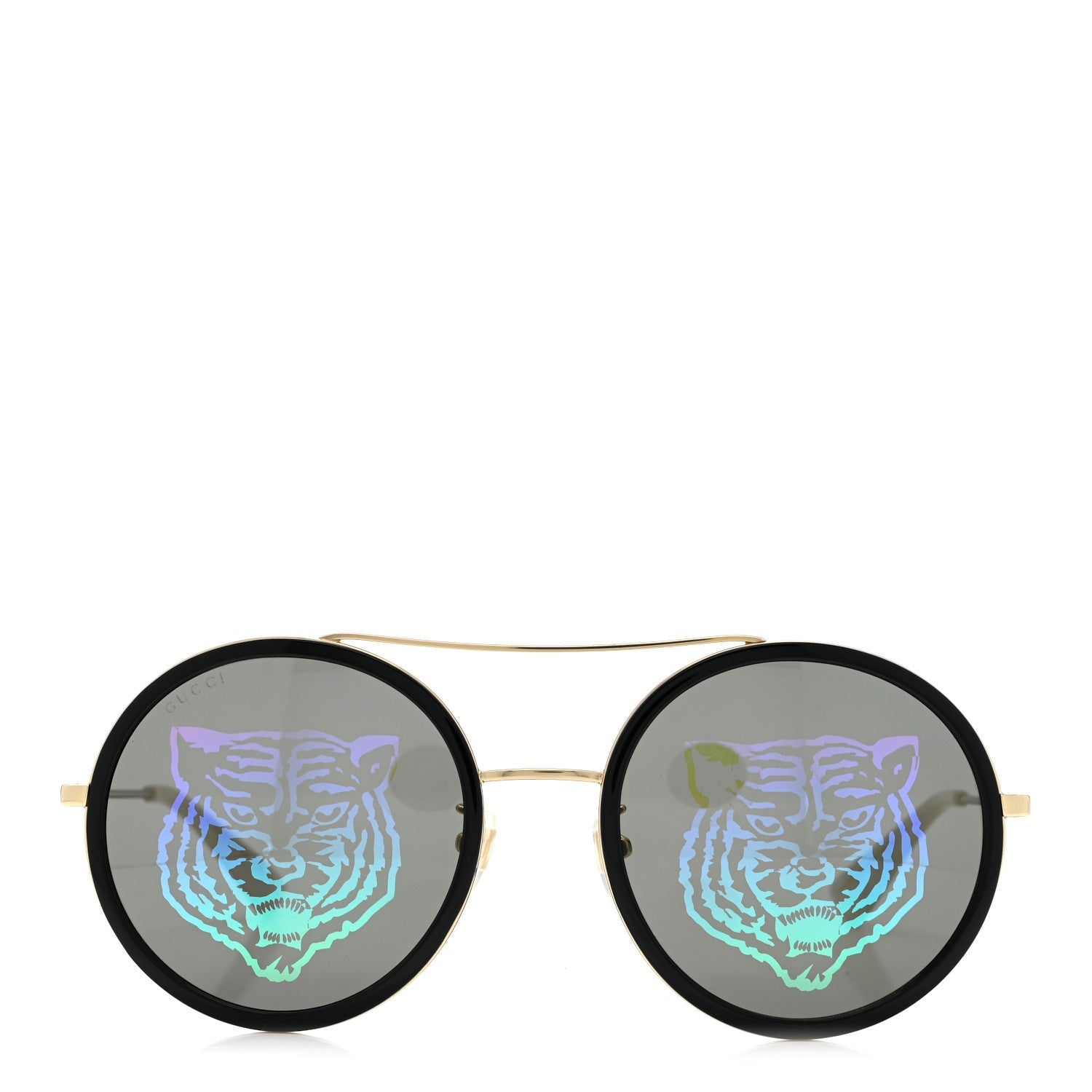 Gucci Metal Round Frame Tiger Print Sunglasses GG0061S Gold