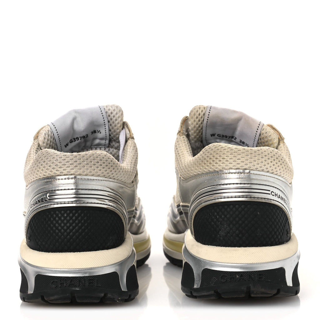 Fabric Laminated Calfskin Stretch CC Womens Sneakers 38.5 White Gold Silver
