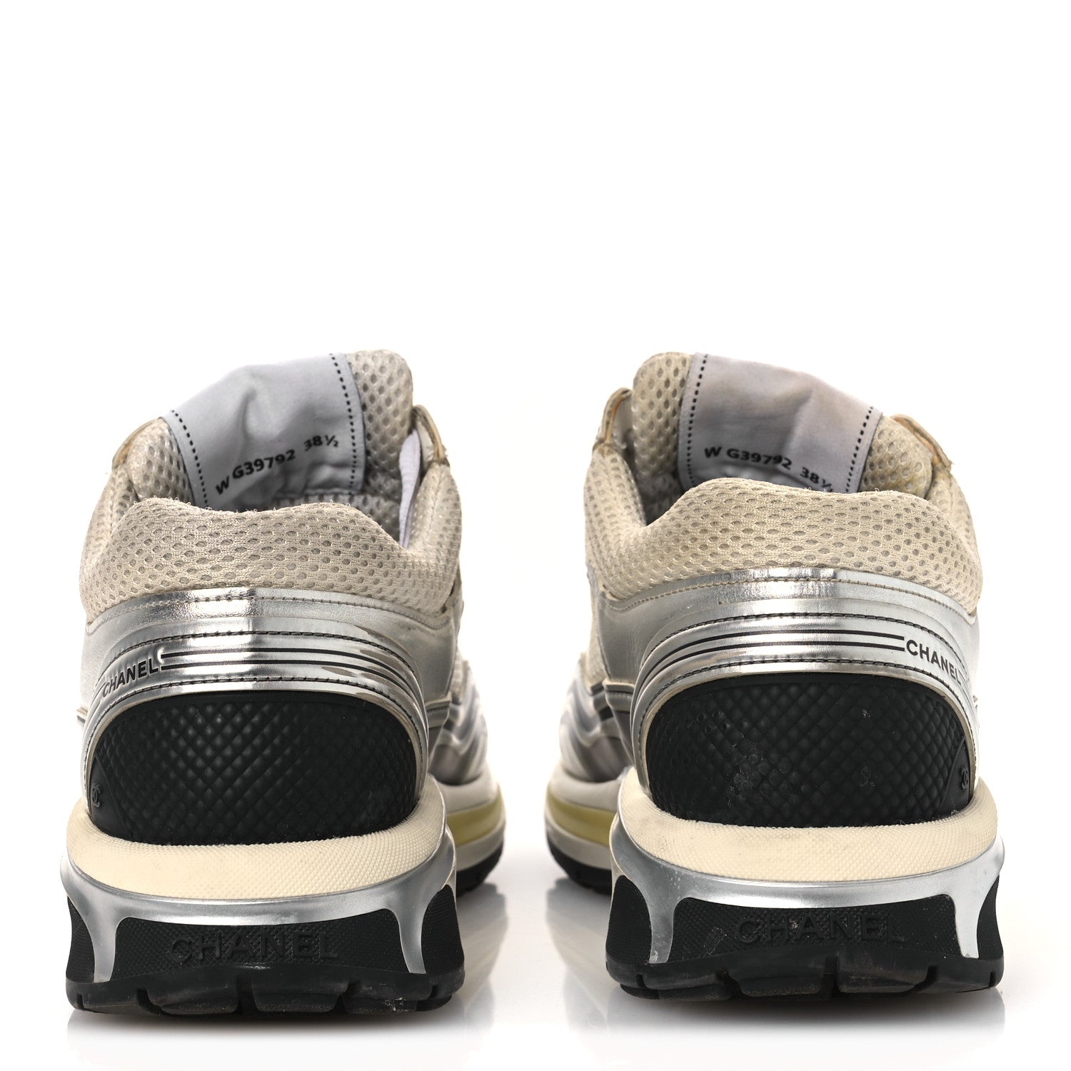 Fabric Laminated Calfskin Stretch CC Womens Sneakers 38.5 White Gold Silver