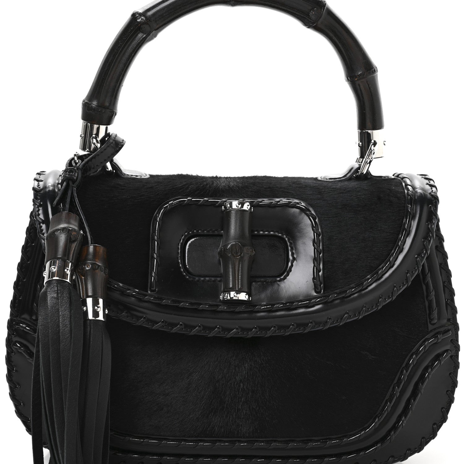 Gucci Pony Hair New Bamboo Medium Top Handle Bag Black