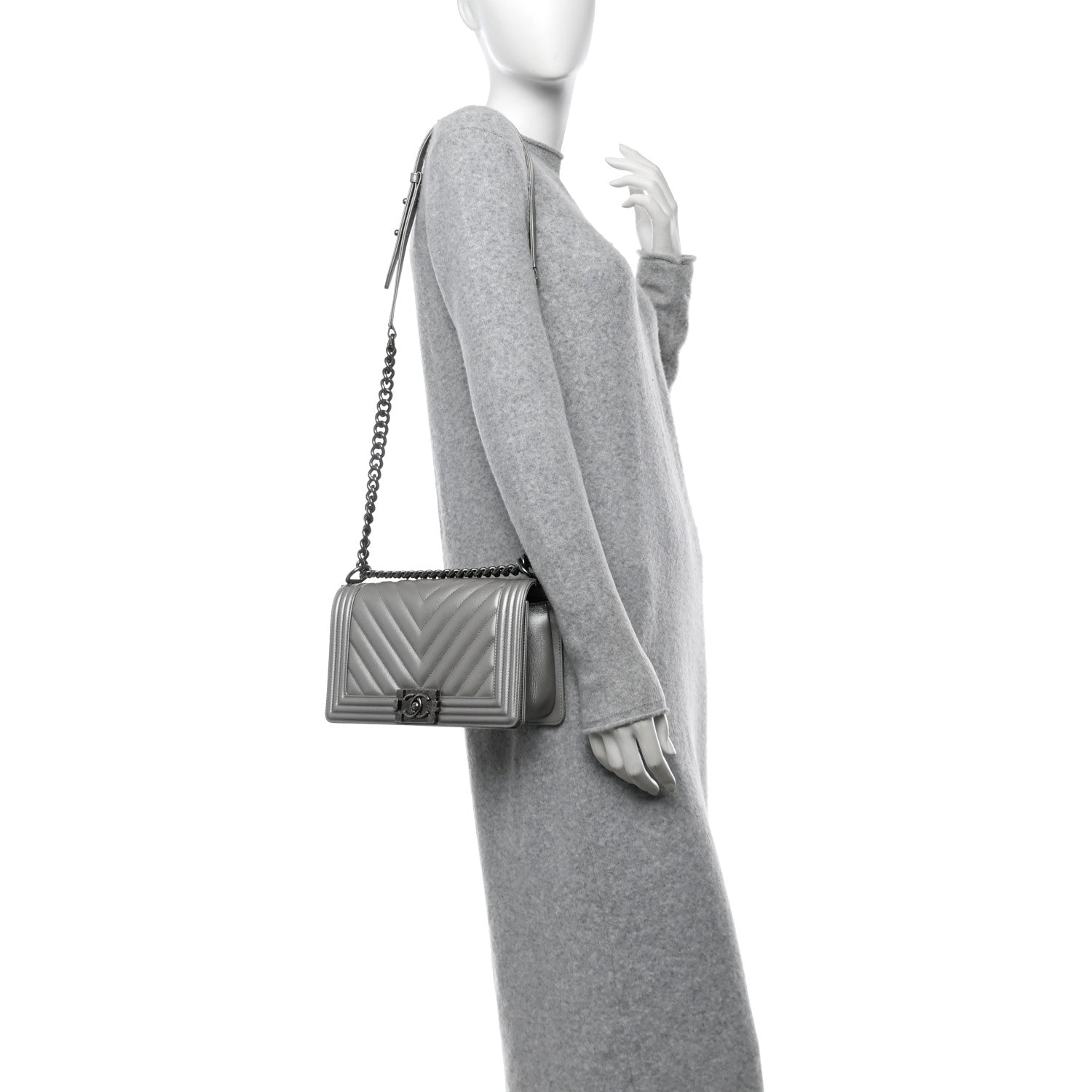 Chanel Metallic Caviar Chevron Quilted Medium Boy Flap Silver