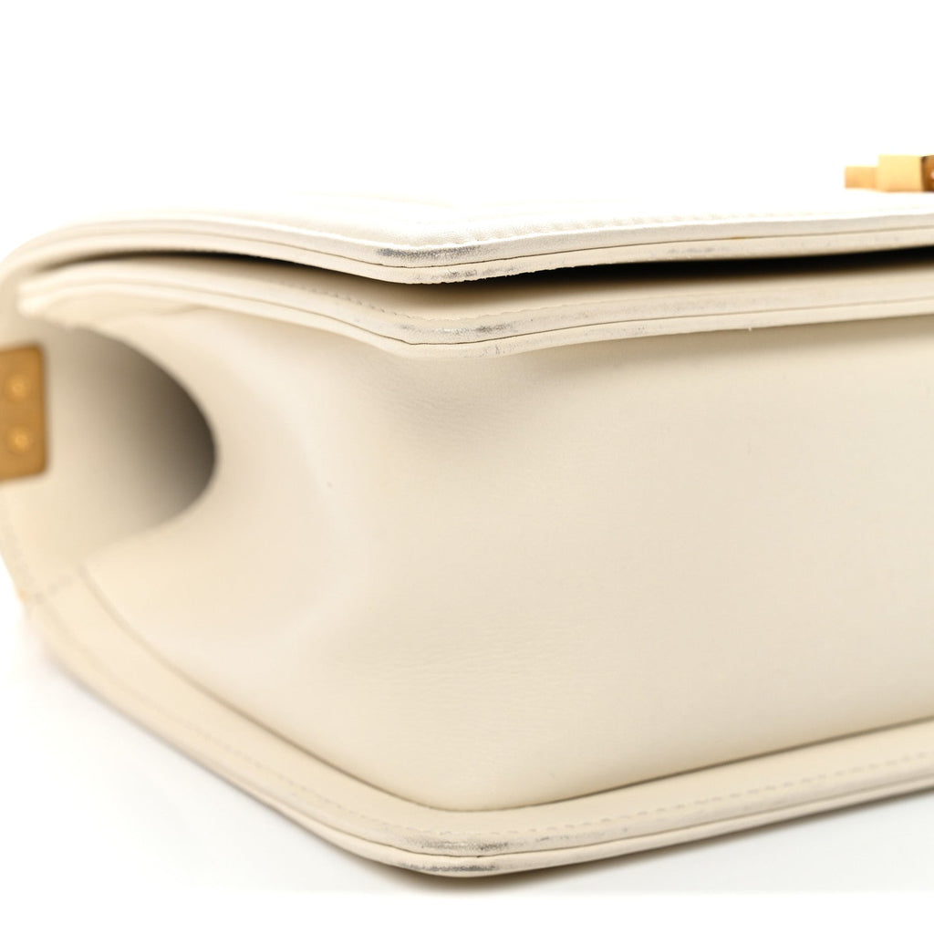 Chanel Caviar Suede Calfskin Chevron Medium Boy Flap White