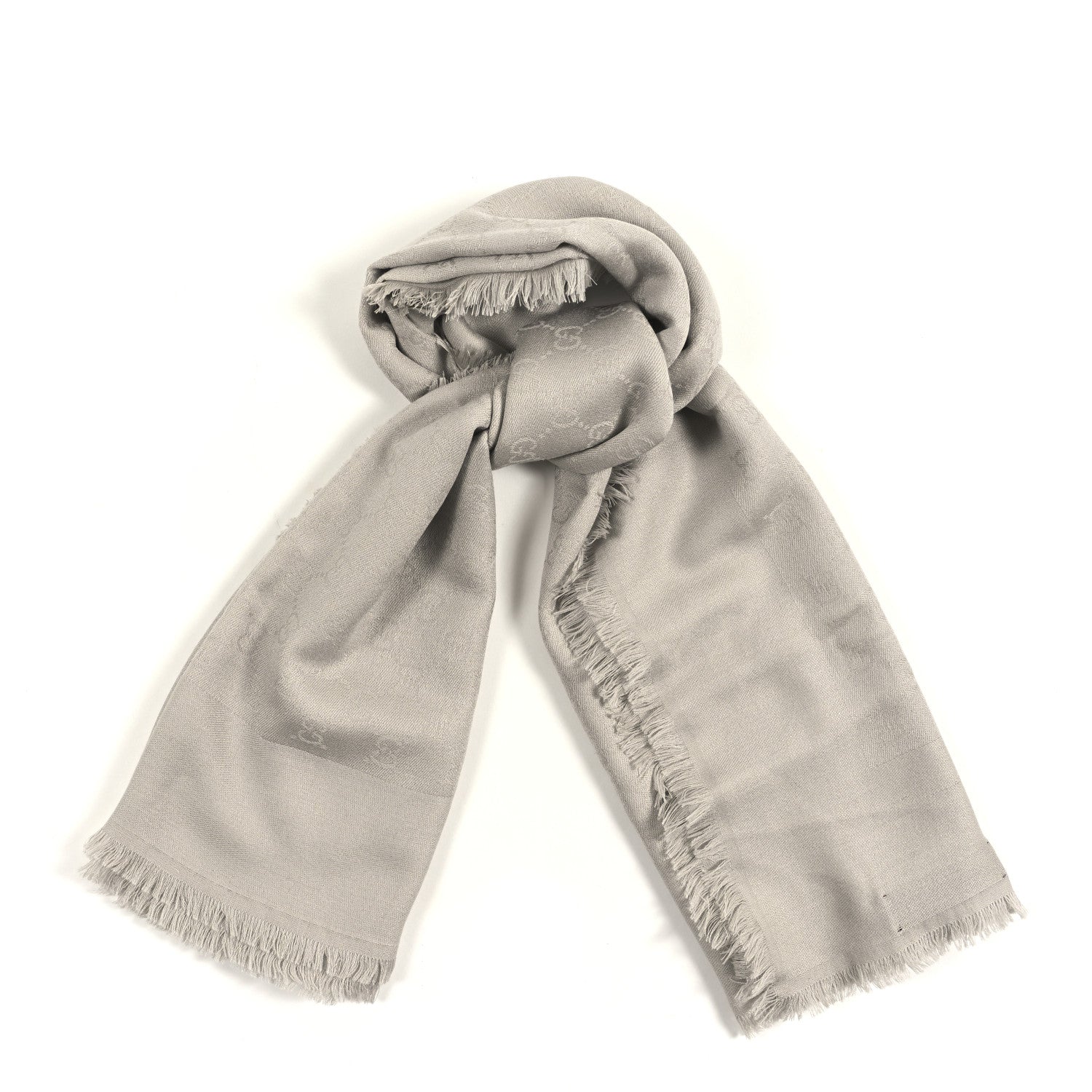 Gucci Wool Jacquard GG Monogram Fringe Scarf Lead