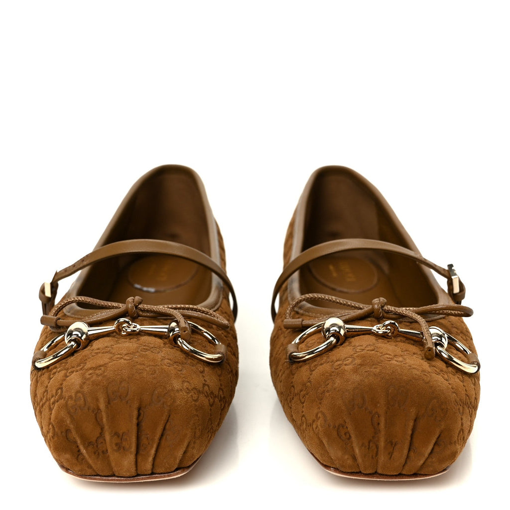 Gucci Kid Scamosciato Micro GG Monogram Horsebit Ballet Flats 37.5 Cuoio Dafne