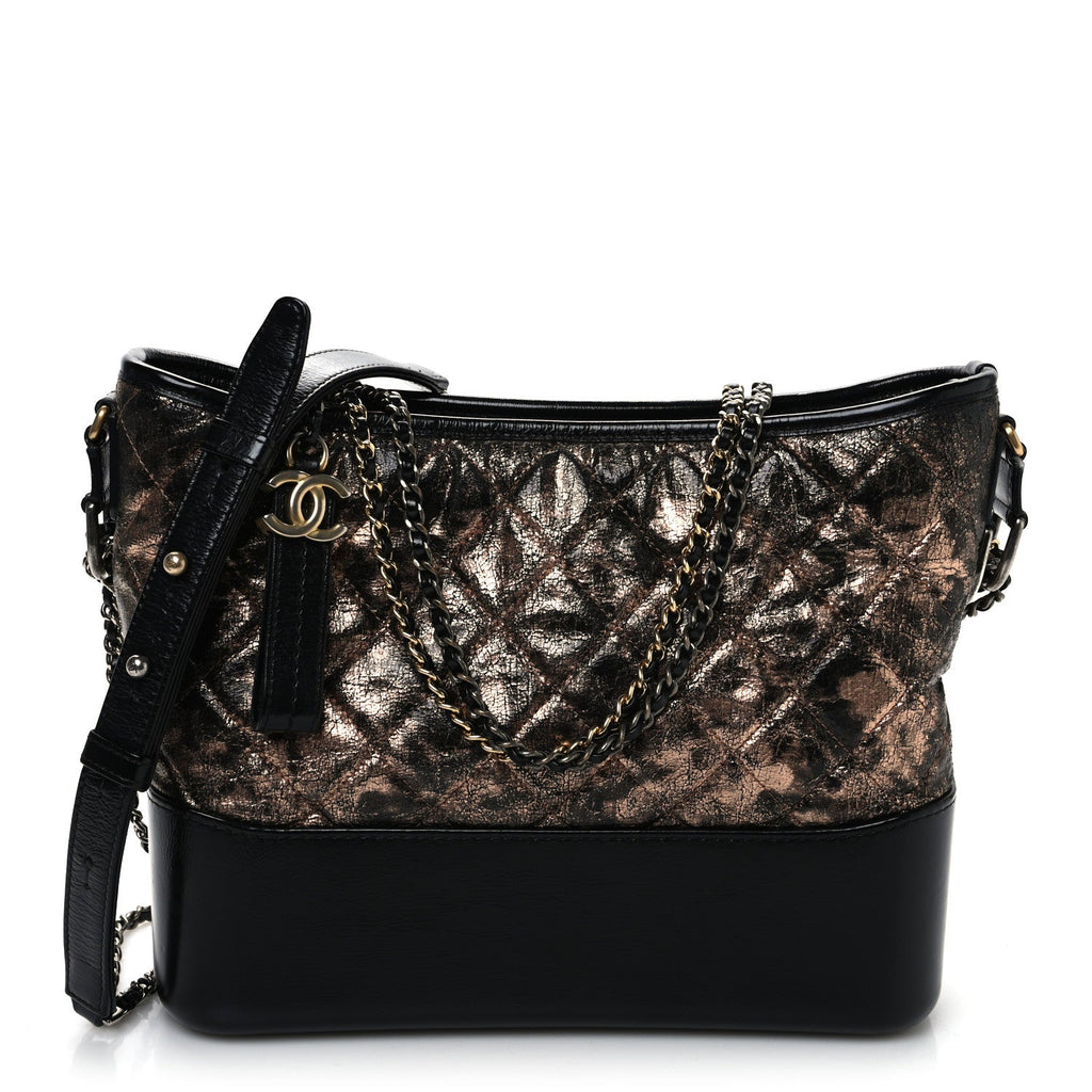 Chanel Metallic Crumpled Goatskin Quilted Medium Gabrielle Hobo Black Rose Gold