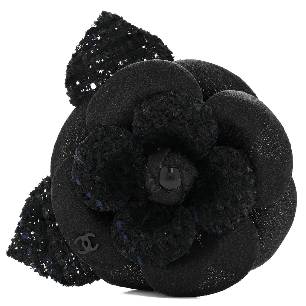 Chanel Tweed Fabric Camellia Pin Brooch Navy Blue Black