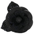 Chanel Tweed Fabric Camellia Pin Brooch Navy Blue Black