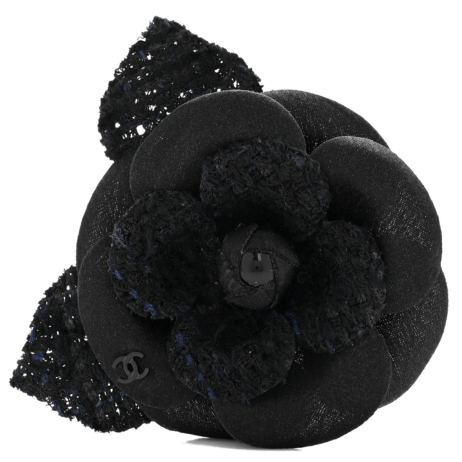 Chanel Tweed Fabric Camellia Pin Brooch Navy Blue Black