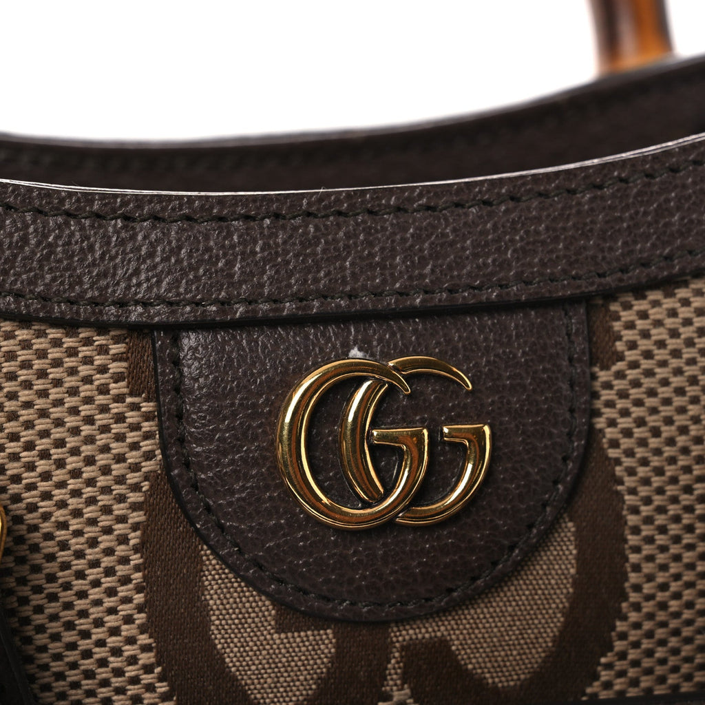 Gucci Monogram Jumbo GG Textured Dollar Calfskin Mini Diana Tote Bag Camel Ebony New Acero