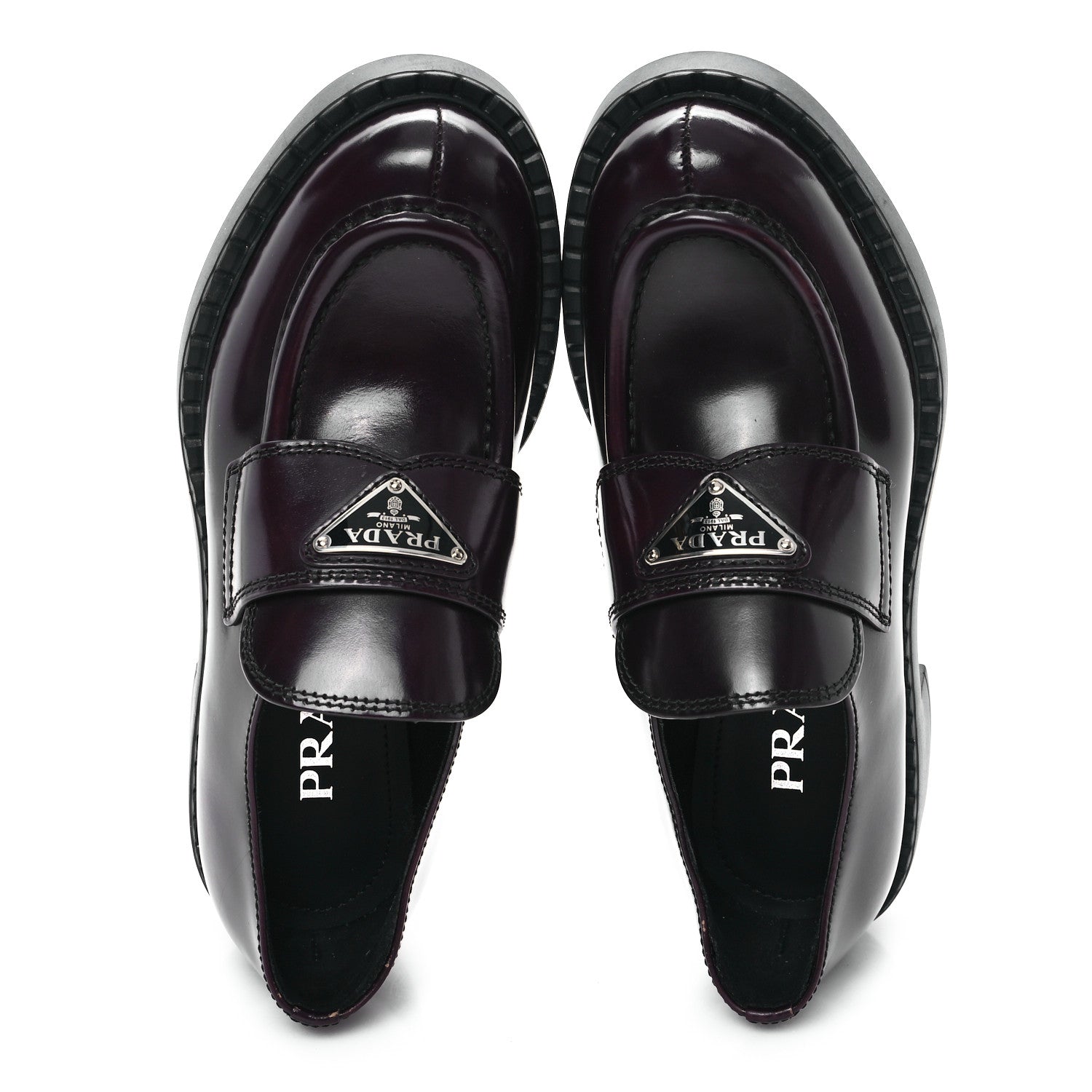 Prada Spazzolato Metal Triangle Logo 50mm Loafers 35 Cordovan