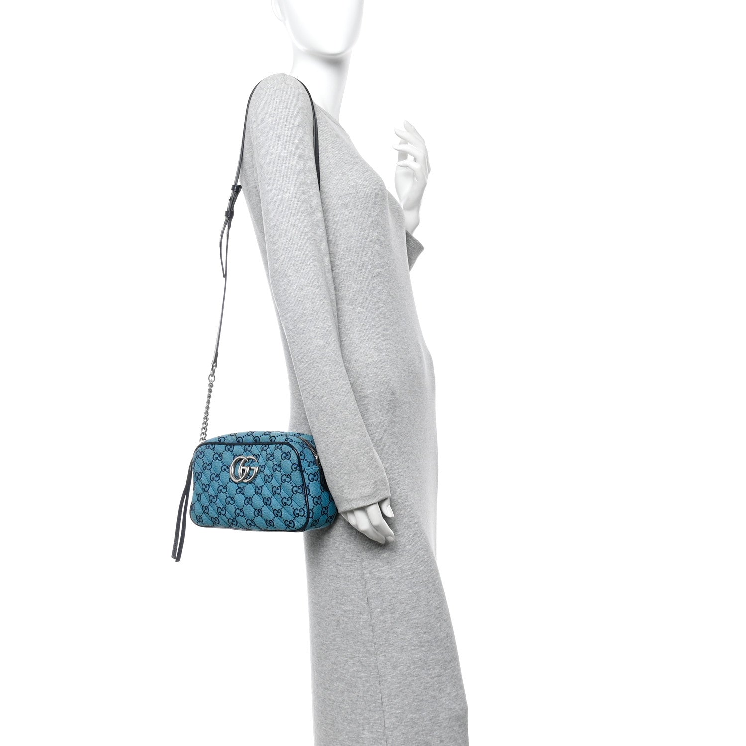 Gucci Monogram Multicolor Matelasse Diagonal Small GG Marmont Chain Shoulder Bag Light Blue