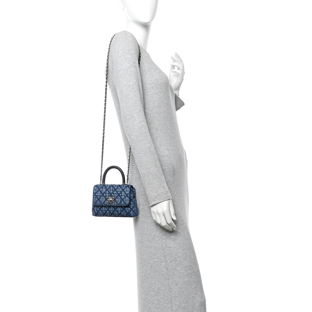 Chanel Washed Denim Quilted Coco Handle Clutch With Chain Blue
