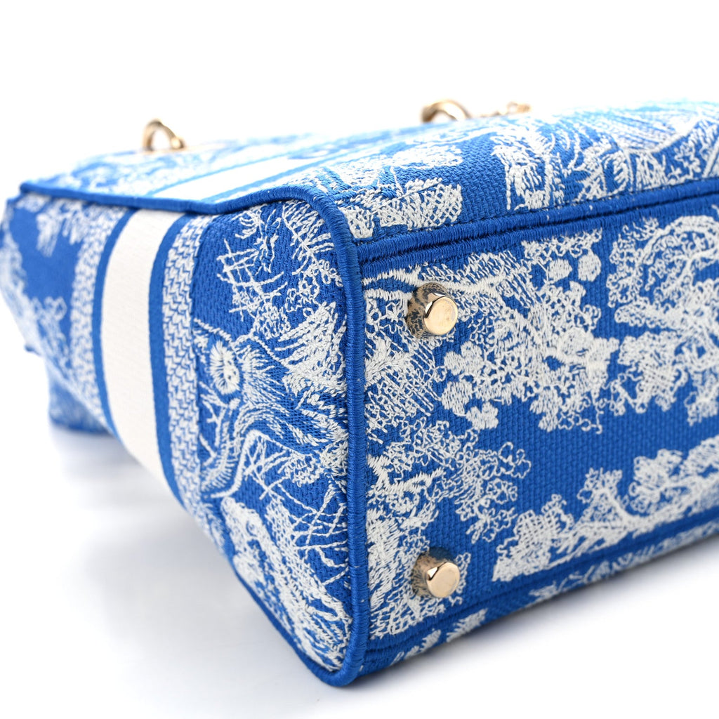 Christian Dior Canvas Toile De Jouy Reverse Embroidered Medium Lady D-Lite Fluorescent Blue