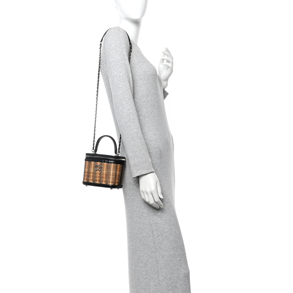 Chanel Calfskin Raffia Small Vanity Case Bag Black Beige