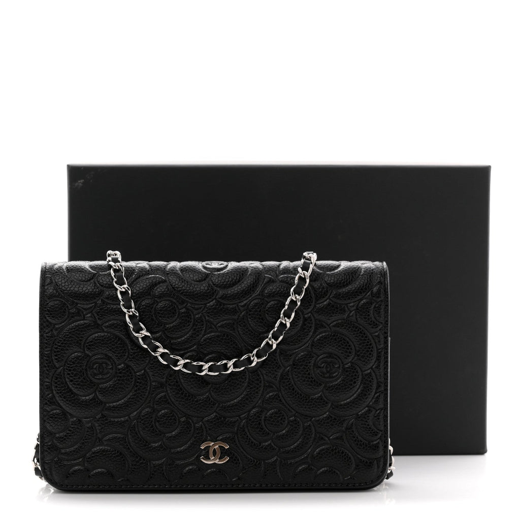 Chanel Caviar Camellia Embossed Wallet On Chain WOC Black