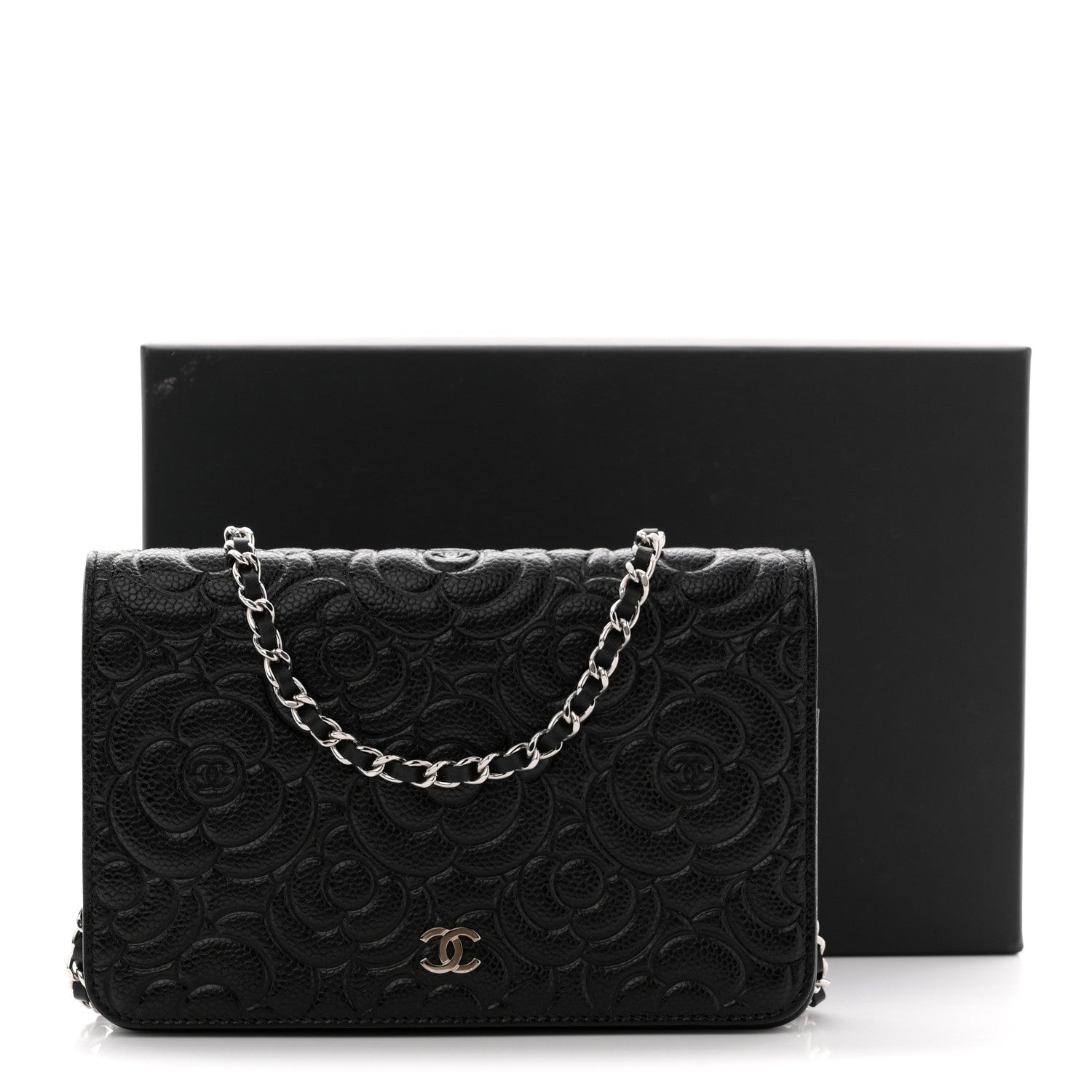 Chanel Caviar Camellia Embossed Wallet On Chain WOC Black